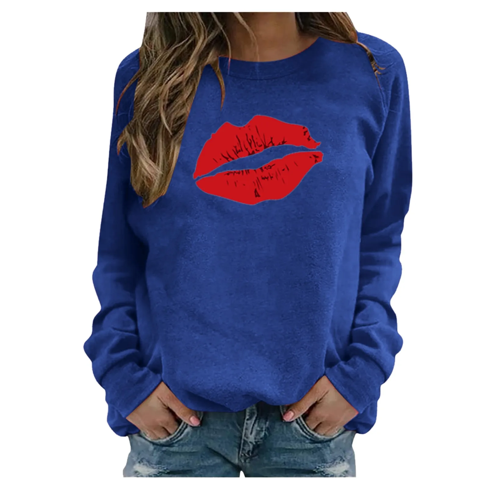 Blouse Women Plus Size Autumn Winter Casual Long Sleeve Red Lips Print Pullover Sweatshirt Tops Tee Hoodie O-neck Loose Harajuku