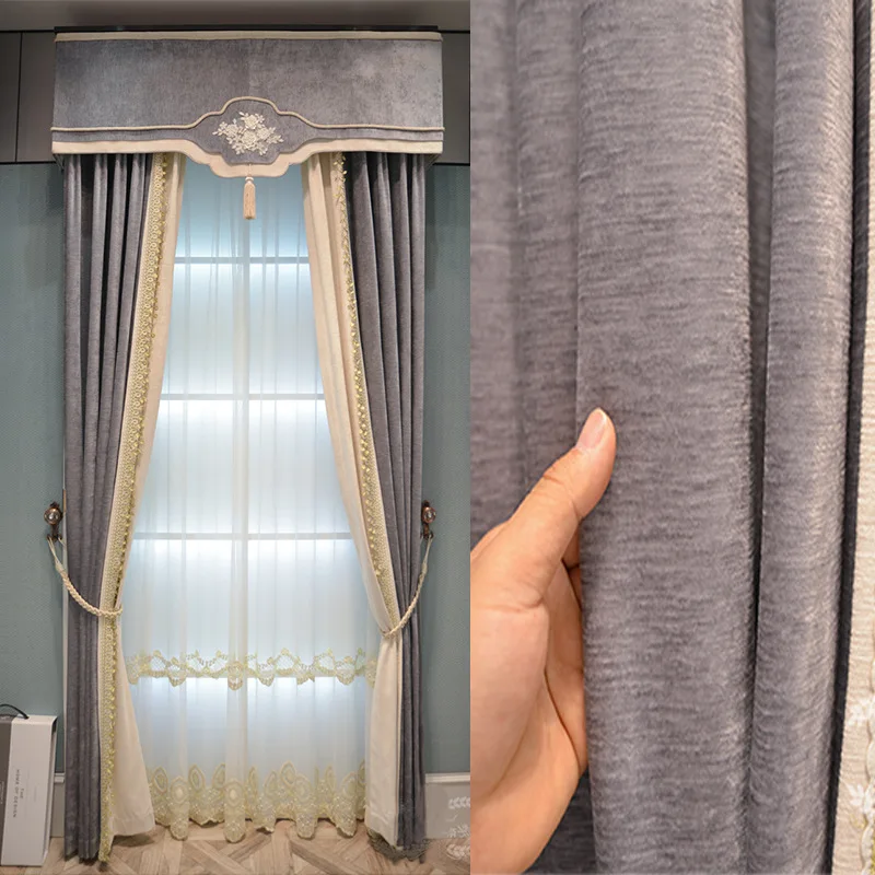 

Curtains for Living Dining Room Bedroom Gray Light Luxury Stitching Curtains Balcony Snow Velvet Curtains