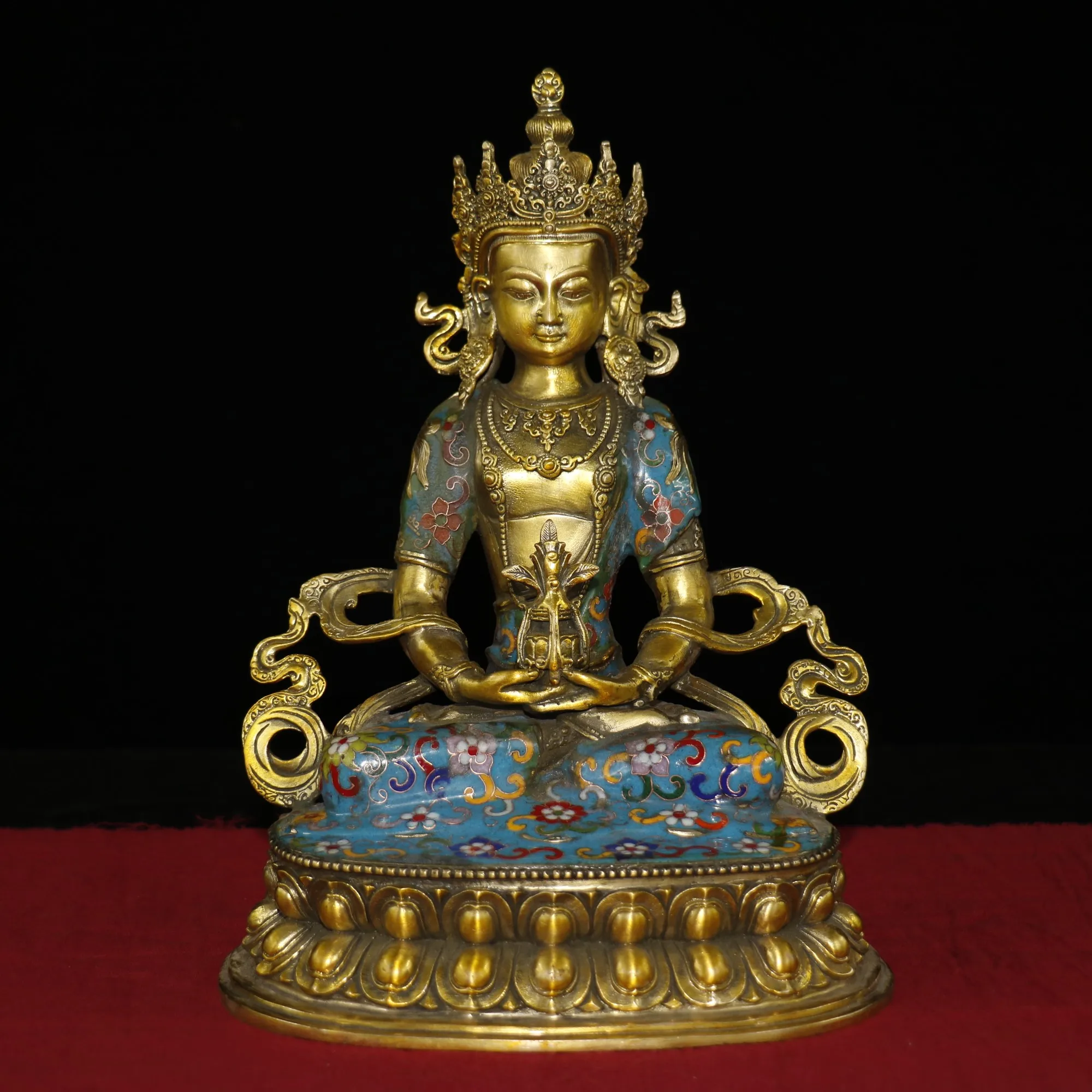 12 "Тибет Буддизм старинные бронзовые Перегородчатые эмали долголетие Будды безграничную Будды статуя сидящего Будды