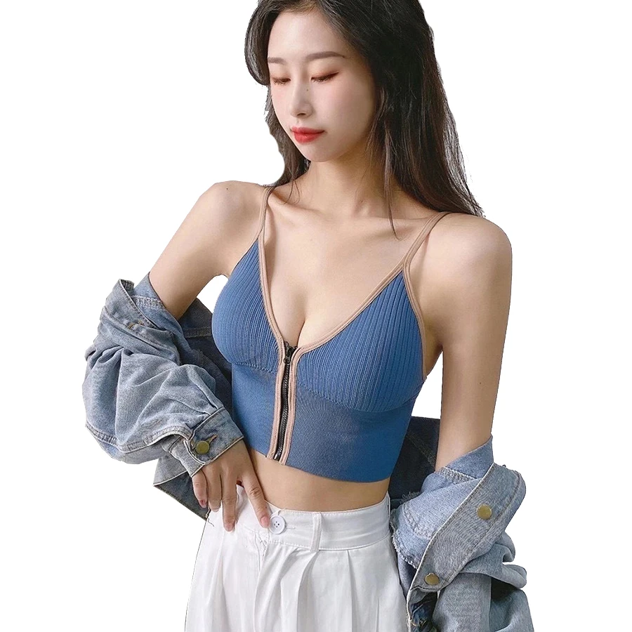 

Women Zipper Deep V Neck Crop Top Brassiere Cotton Sexy Backless Tank Top Sleeveless Tank Top Vest Streetwear