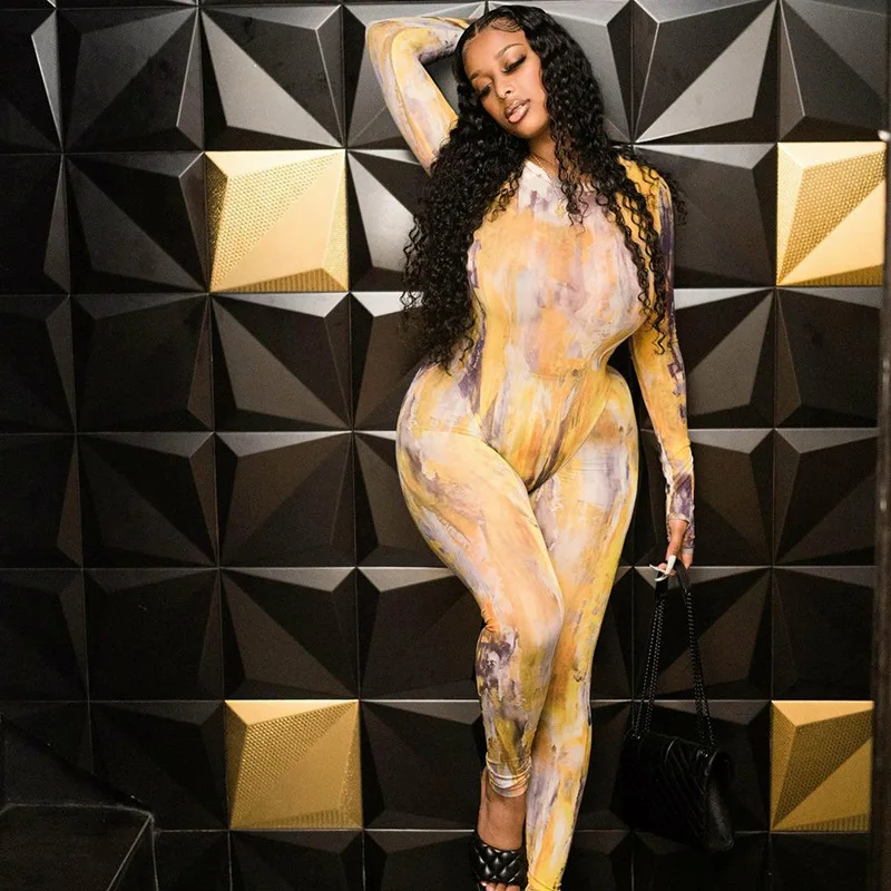 

2021 Printed Mesh Tie-Dye Two Piece Set Women Sexy Round Neck Long-Sleeved Jumpsuit +Trousers With Street Style Casual Clothing