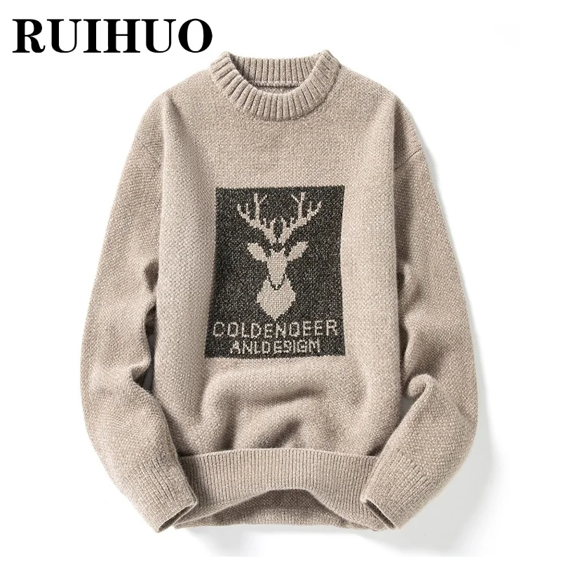 Свитер RUIHUO с принтом лося Мужская одежда модные мужские свитера в стиле