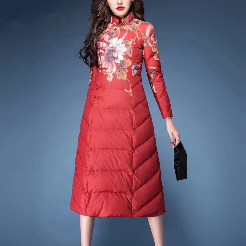 Зимняя модная китайская женская теплая парка с воротником стойкой и цветочным