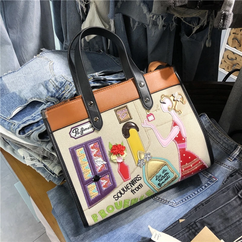

The new 2021 Patchwork embroidered Tide Bag Personality tote bag with large canvas tote bag slung across-body bag for women