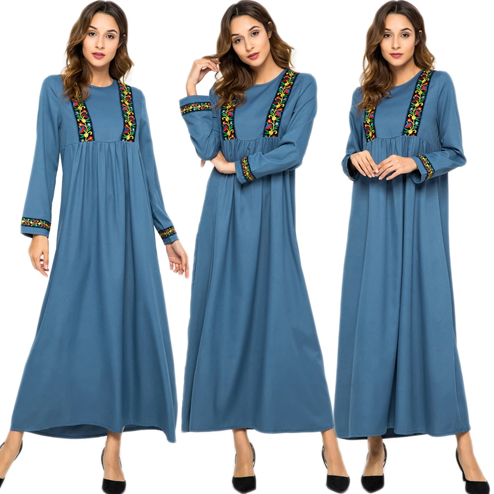 Модное однотонное женское длинное платье с вышивкой, повседневное свободное арабское платье, абайя, кафтан, Дубай, Ближний Восток, мусульма...
