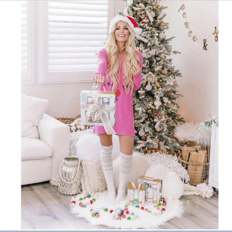 Осеннее женское платье Рождественская Нарядная футболка Повседневное с круглым