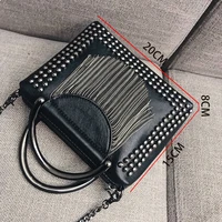 Punk Style Women Bag Top-handle PU Leather Handbag with Rivet and Tassel Purse Womens Shoulder Bags Small Cross Body Bag Chain