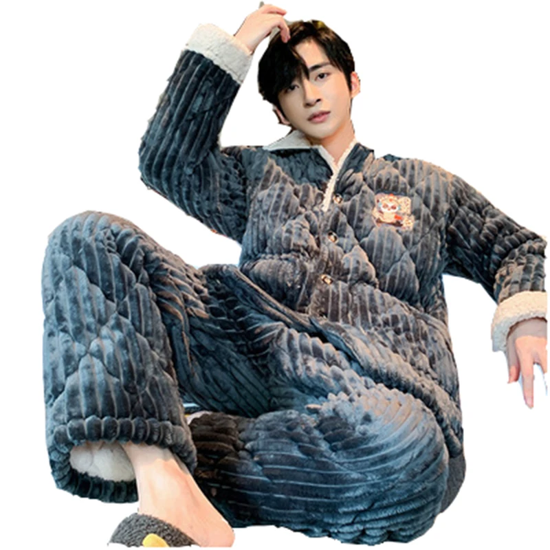 

Мужские комплекты, зимний теплый костюм из двух предметов, мужские пижамы, новинка 2023, Повседневная трехслойная утепленная домашняя Мужская Ночная рубашка большого размера NBH535