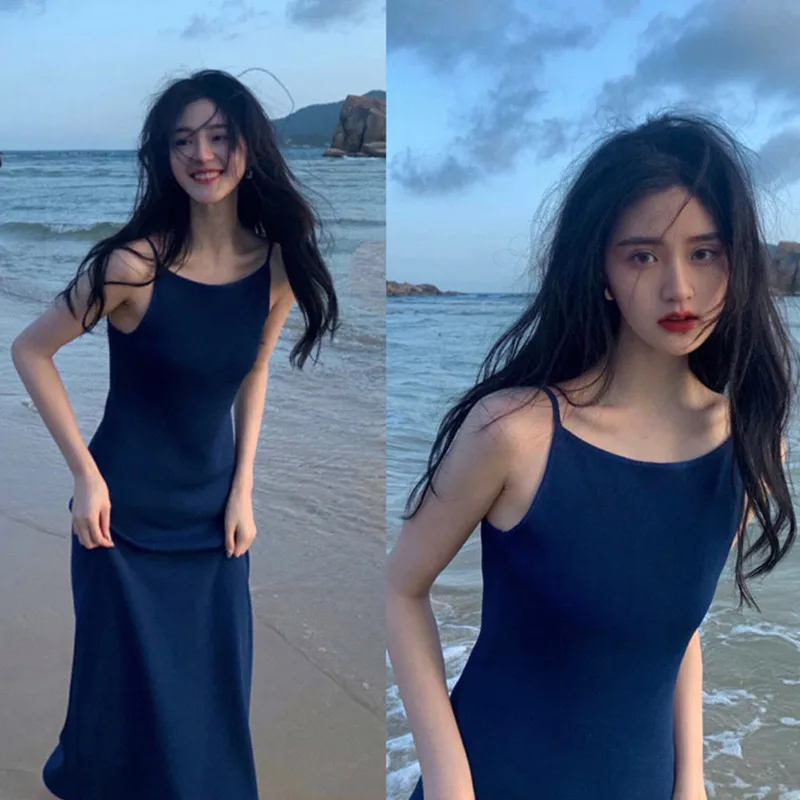 

Женское платье на бретельках, однотонное платье во французском стиле с узкой талией, лето 2021