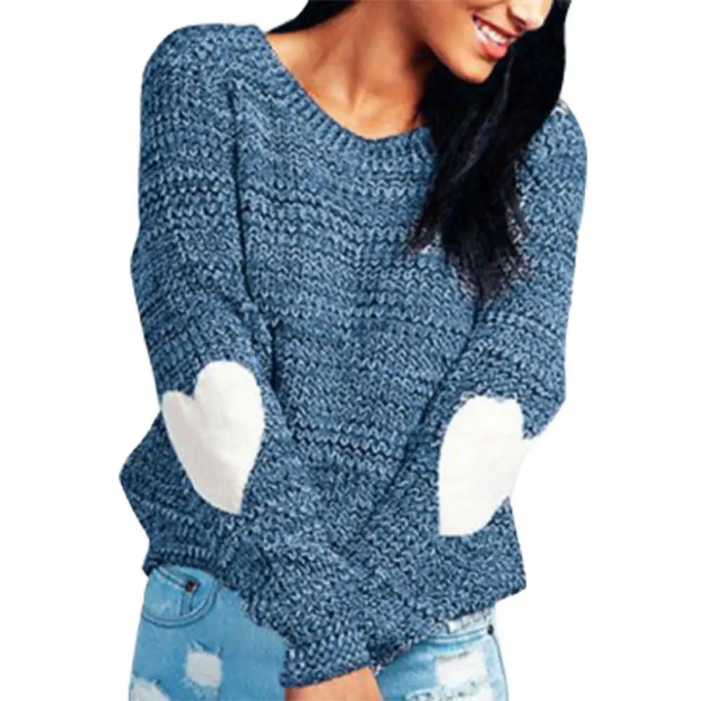 Модный женский вязаный свитер с длинным рукавом круглым вырезом и любовным