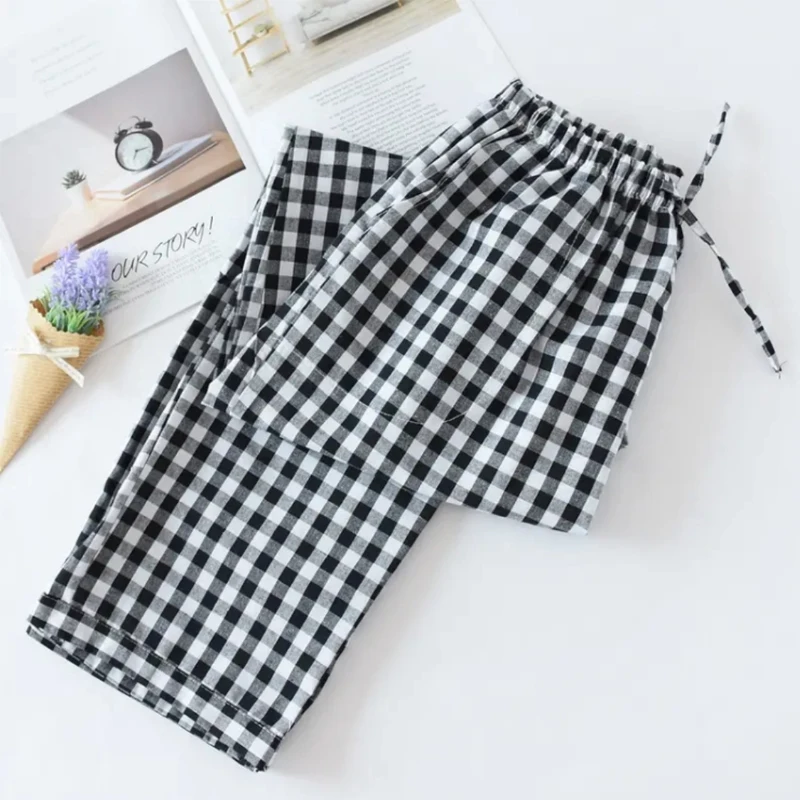 Летняя Хлопковая пижама штаны для женщин клетчатая мягкая одежда сна Женская