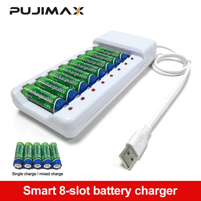 PUJIMAX Rechargeable Battery Charger USB Output 8 Slots Fast Charging Short Circuit Protection suitable for AAA/AA Battery Tools images - 6