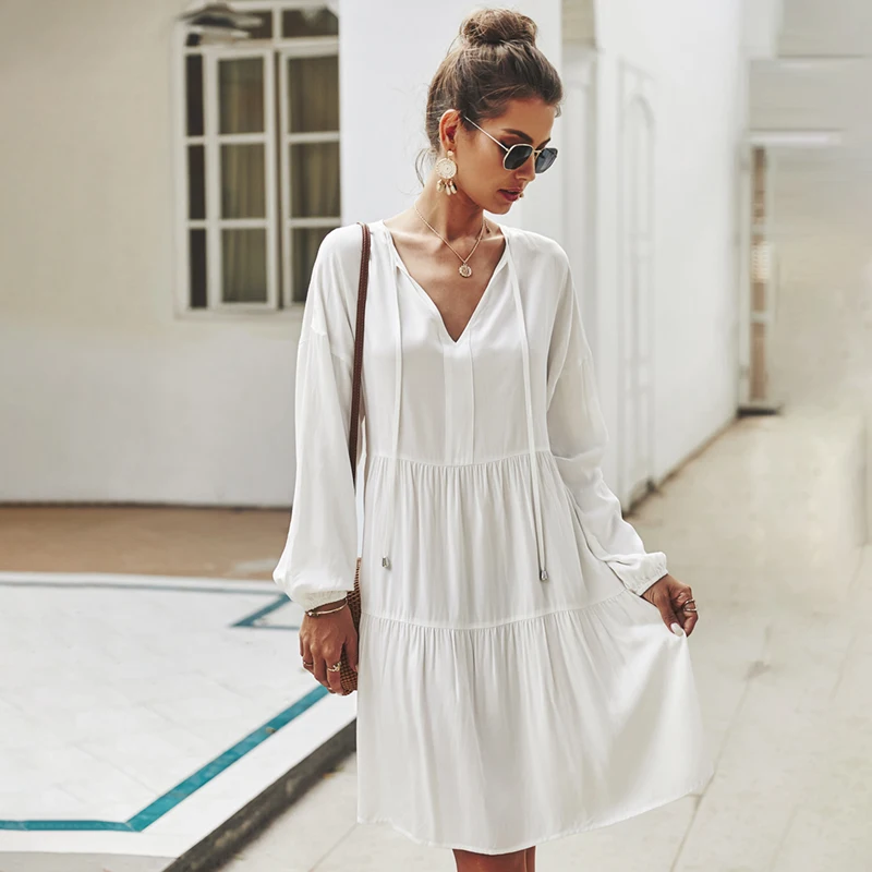 Сарафан женский с длинным рукавом свободный белый летний Повседневный