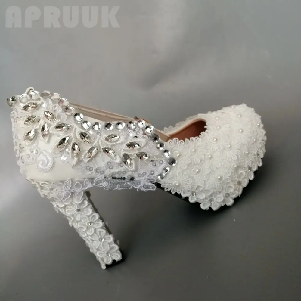 New arrival white lace silver rhinestones wedding shoes bride sweet pearl ankle buckle straps super high-heeled bridal pump | Обувь