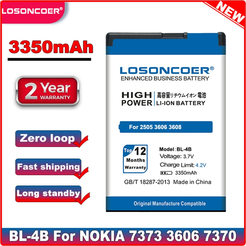 LOSONCOER 3350mAh BL-4B Батарея для NOKIA 7500 2505 3608 2670 2660 5000 3606 7370 6111 7070 7088 2630 7373 и т. д.