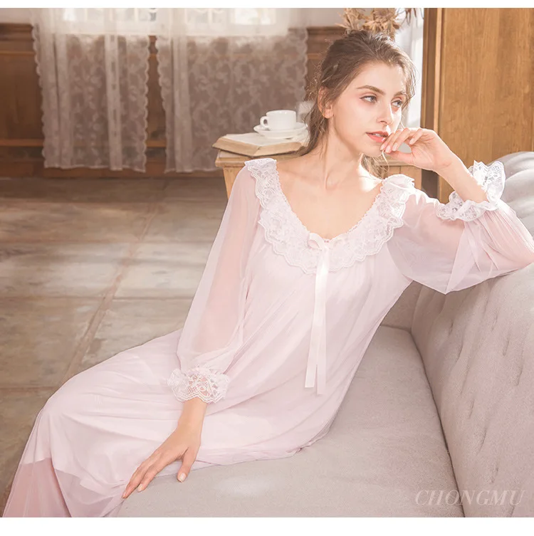 Элегантный белый розовый Sleepdress осеннее кружевное платье, одежда для сна, Фонари с галстуком-бабочкой, одежда для сна с длинными рукавами, ночная рубашка из хлопка, пижама, пеньюар