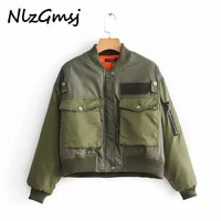 nlzgmsj za women military green moto biker bomber pilot jacket cropped top long sleeve female oversized coat outerwear chaquetas