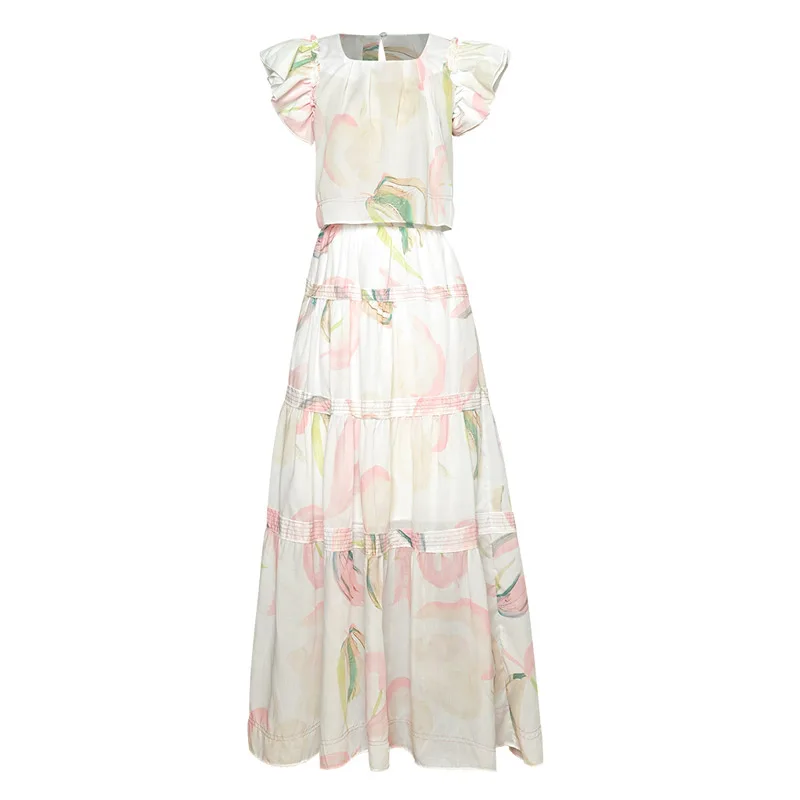 

Women Clothing 2Pcs Set Square Neck Butterfly Sleeves Short Blouses Top + Print Long Maxi Skirt