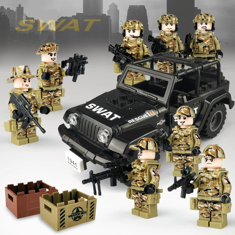 

Military Jeep Police Minifigure Doll Set Special Warfare Brigade Weapon Piece Children Assembled Building Block Educational Toy