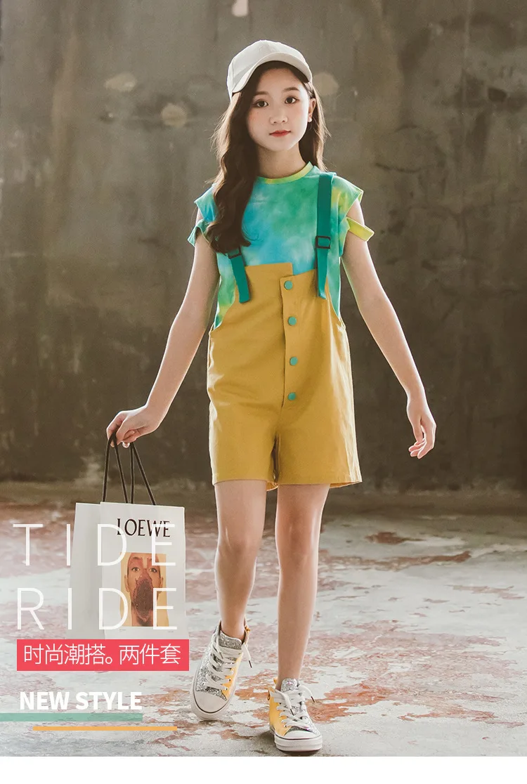 

2021 Summer Hot Sale New Girls Big Kids Bib + Tie-Dye T-shirt Short Sleeve Western Fashion Two-Piece Suit