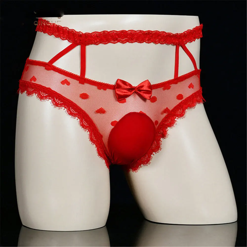 

Sexy Men's U Convex Pouch Panties Lace Sheer G-string Breathable Mesh Women's Briefs Sling Breasted Adjustable Underwear T-back