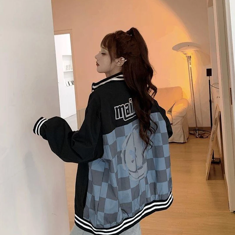 Повседневные клетчатые куртки в стиле Харадзюку с надписью женские корейские