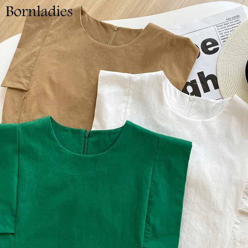 

Bornladies 2021 Summer O Neck Sleeveless Loose Green Dress Women Stylish Stitching Flying Shoulder Mini Dress 100% Cotton Dress