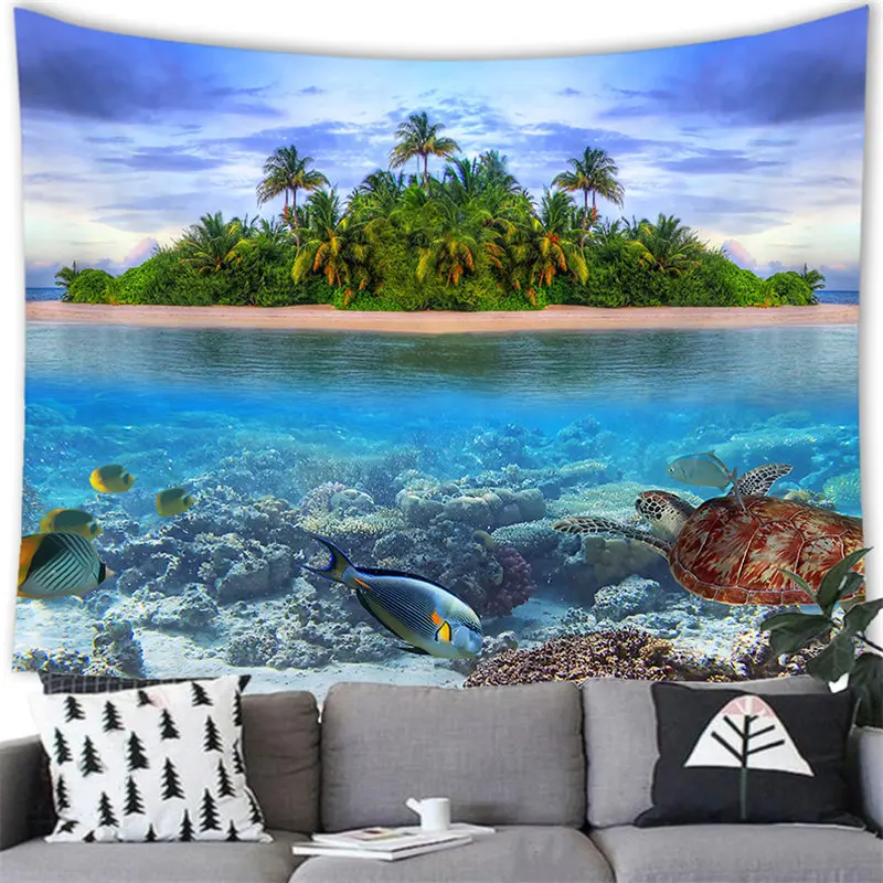 Tropical Ocean Scenery Tapestry Coconut Tree Beach Shell Wall Hanging Tapestries for Living Room Bedroom Background Cloth T0016