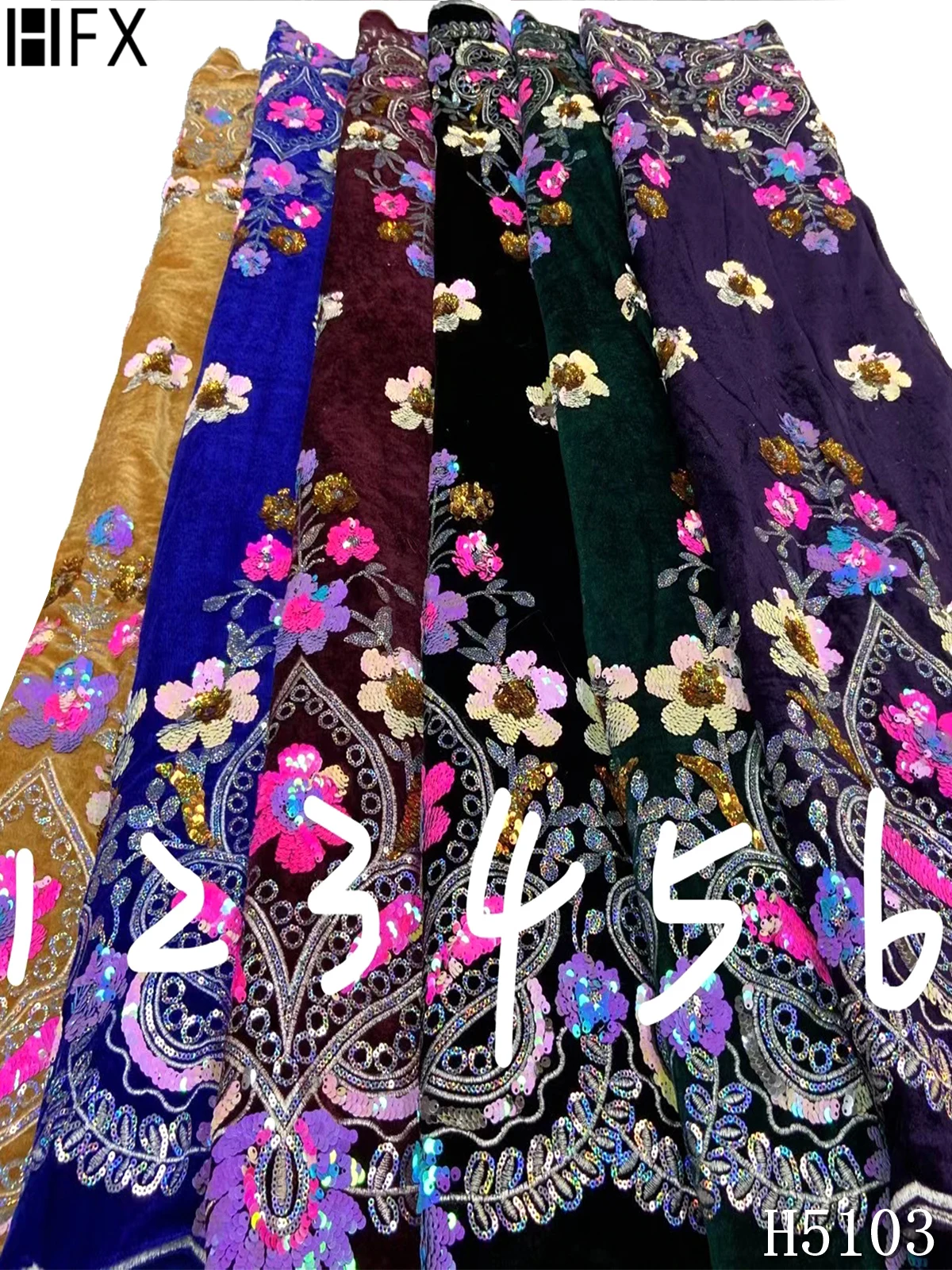 

HFX 2021 New Arrival French Sequin Velvet Lace Fabric Embroidery Nigerian Sequins Lace Fabrics 5 Yards For Party Dress F5103