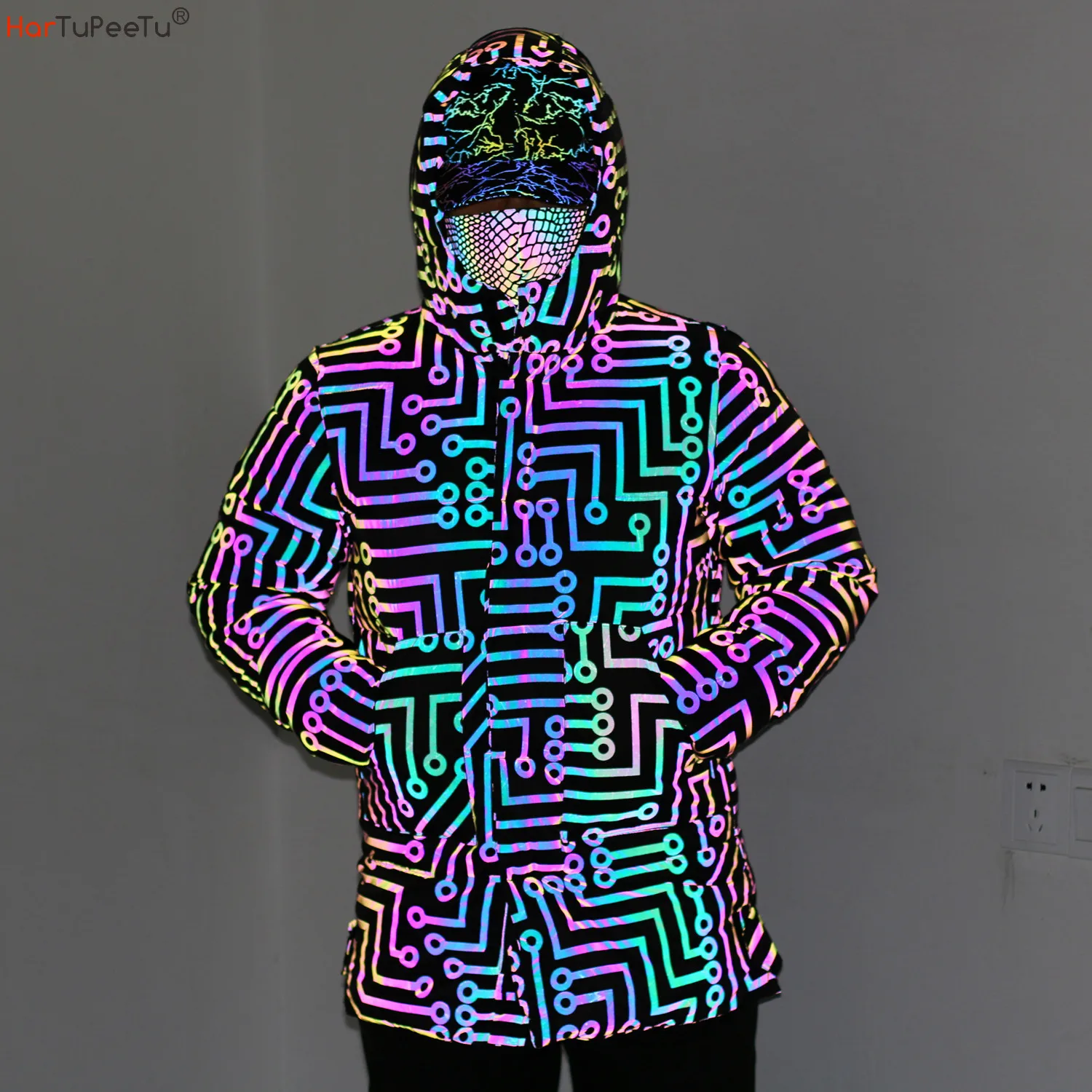 2023 New Winter Men Rainbow Reflective Jacket Circuit Print Long Hooded Cotton Coat with Pockets Plus Size Loose Hip Hop Outwear