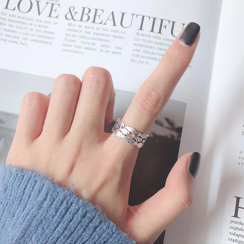 

Vintage Silver Rings Three Layer Cute Little Fish Finger Ring Opening Adjustable Ring for Women Jewelry Girl Gift Trend