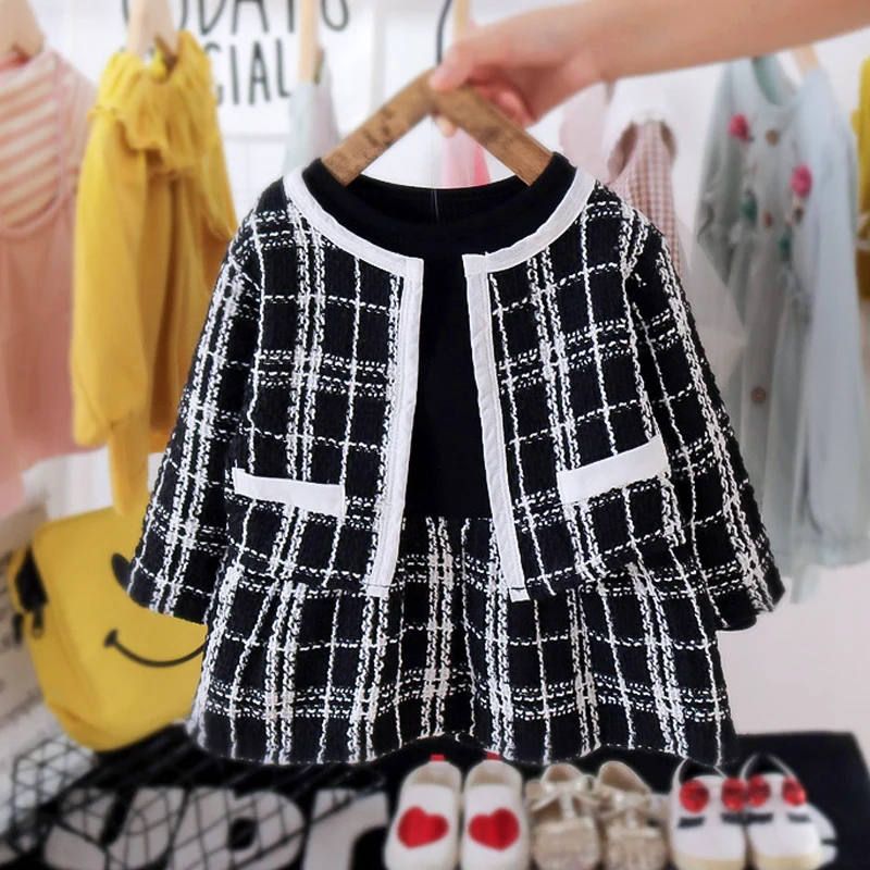 Humor Bear Baby Girls Clothes Set Plaid Printed Cardigan +Long Sleeve  Dress 2pcs Casual Toddler  Clothes images - 3