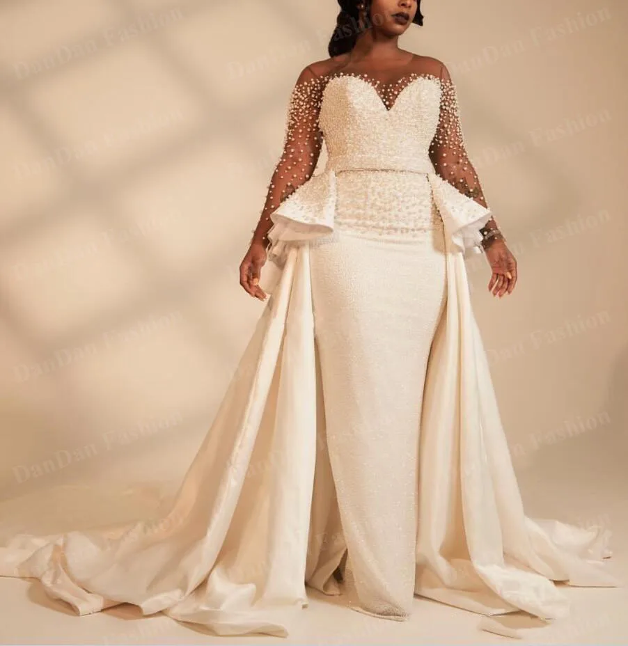 African Mermaid Plus Size Wedding Dresses Overskirts Sheer Neck Long Sleeve Pearls beaded Garden Country Bridal Gowns