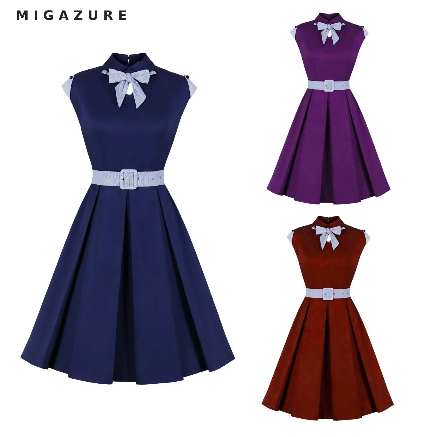 

MIGAZURE Elegant Ladies Navy Purple Wine Red 50's 60's Audrey Vintage Office Retro Rockabilly Swing Dresses for Women Girls Bow