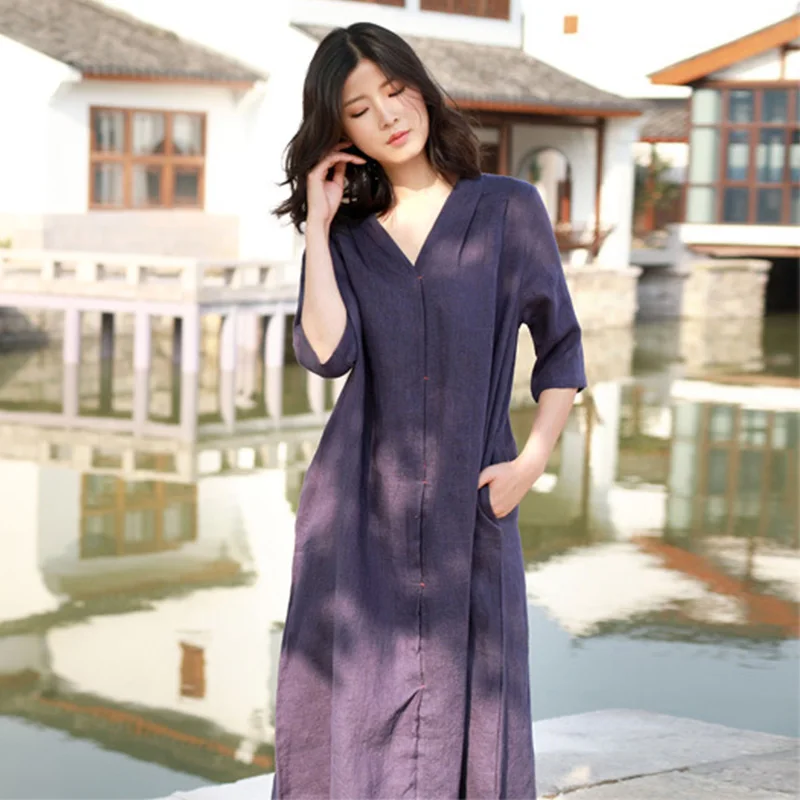 Женское платье с v образным вырезом SCUWLINEN тонкое длинное льняное лето осень 2020