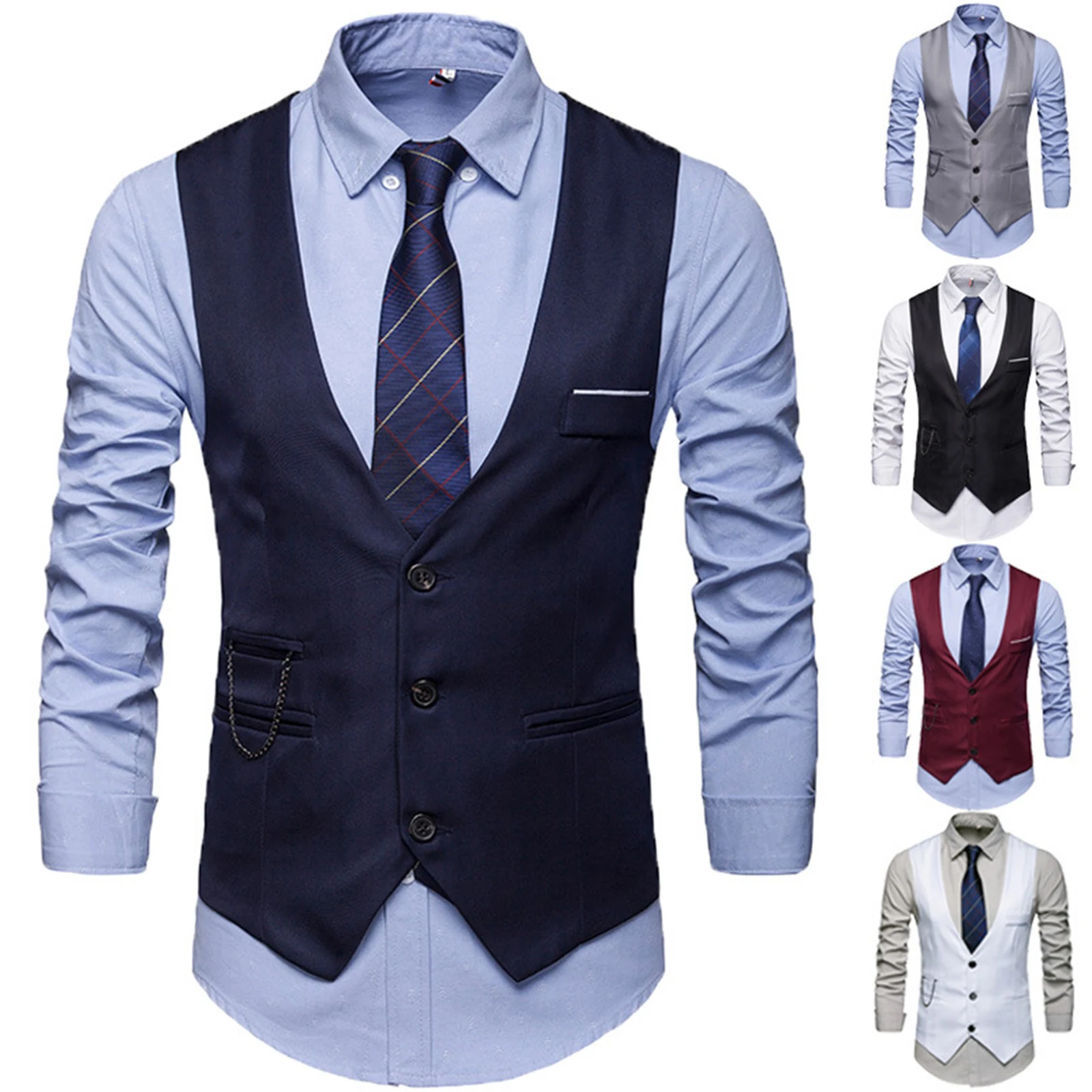 

Men Business Waistcoat New Brand Blazer Vest British Solid Color V-Neck Sleeveless Single-Breasted Suit Vest for Gentlemen Plus