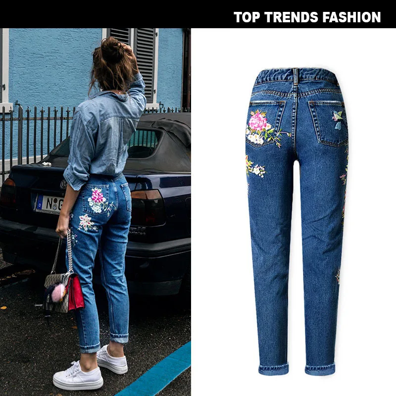 Jeans Women's Fashion Bird Flower Embroidery High-Waist Slim-Fit Straight-leg Jeans Dark Blue Denim Trousers For Mom Size S-3XL