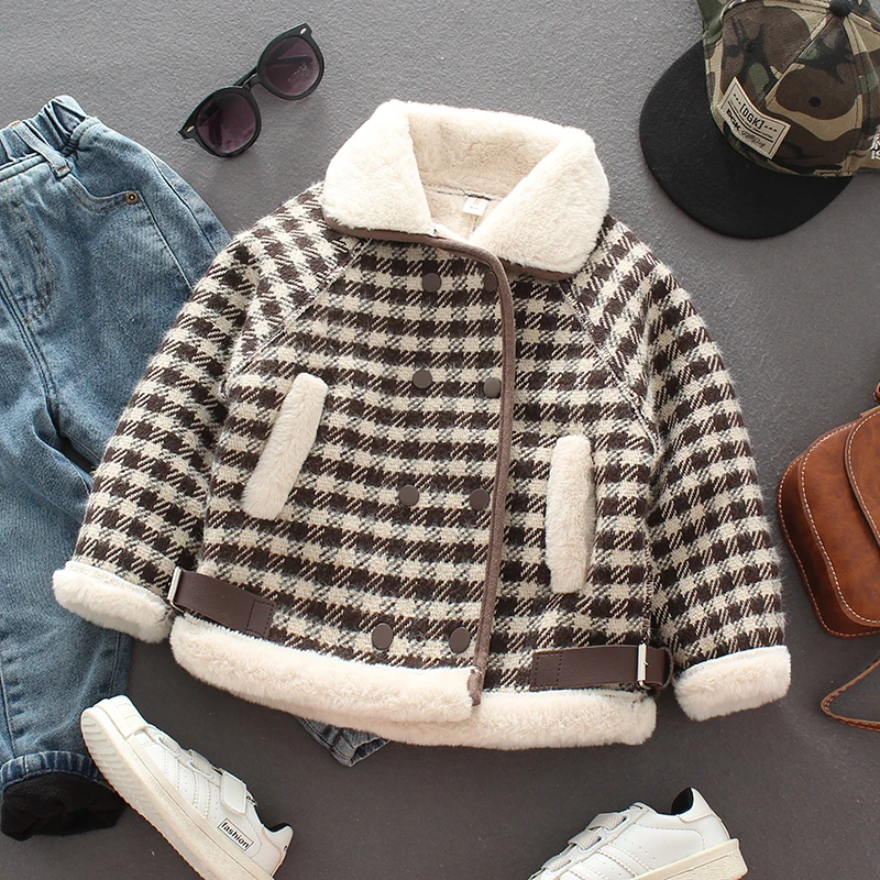 

1-6 Years Old Kids Baby Autumn Winter Clothes Boys Girls Fleece Warm Plaid Jacket Children Fashion Velvet Coat