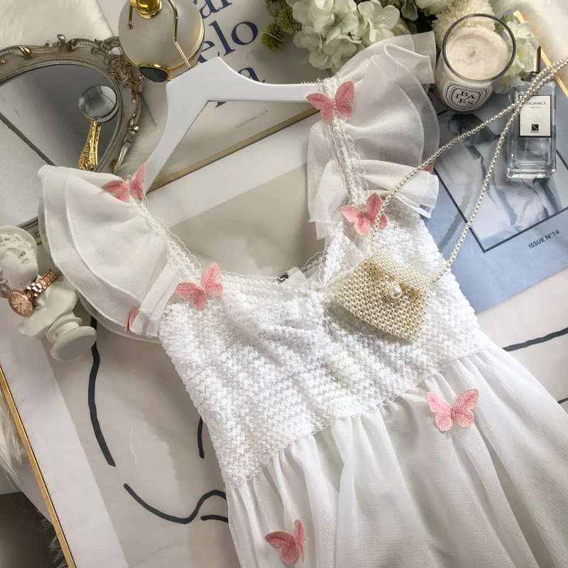 

2021 Summer French Style Gentle Bow Flying Sleeves Ladies Knee Length Dress Women New Patchwork Slim Waist Sweet Fairy Dress