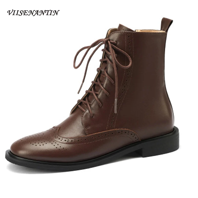 

Ботильоны в стиле ретро, полусапожки на плоской подошве, с круглым носком, броши, Кожаные полуботинки мартинсы с перекрестными ремешками, Ос...