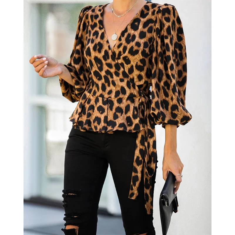 BAMBOOBOY Spring Autumn Women's Elegant Fashion Lantern Sleeve Peplum V-Neck Leopard Print Slim Shirt Blouse Top FC722