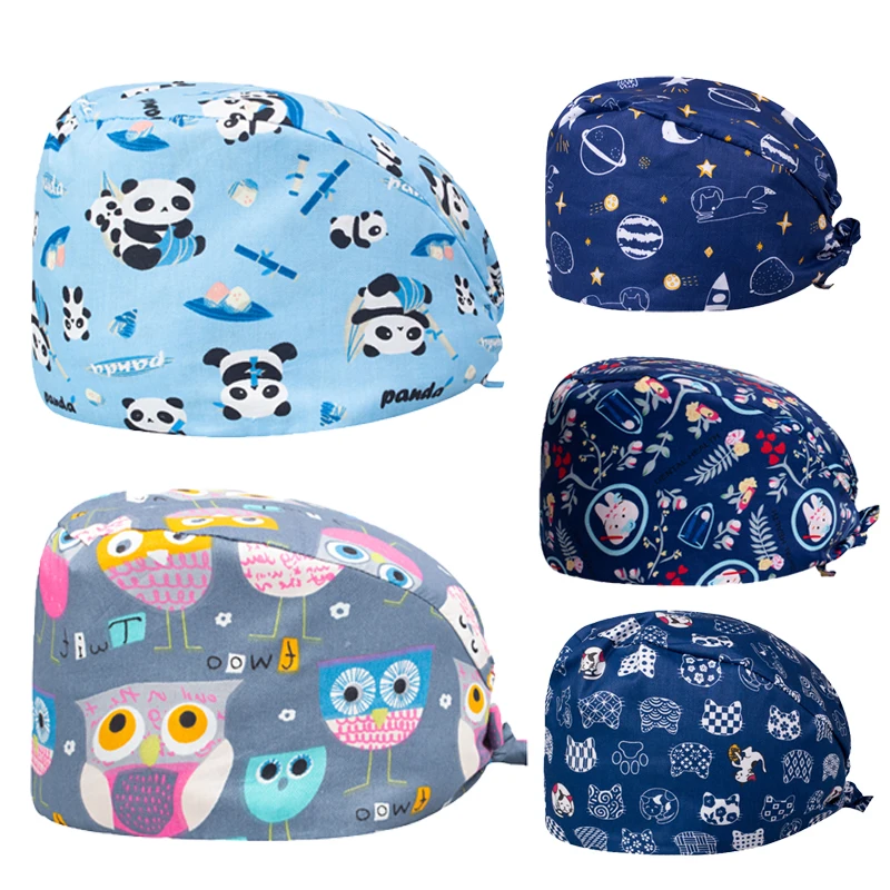 

2020 New Cartoon Print Nurse Doctor Surgical Cap Beauty Salon Laboratory Pet Shop Scrub Hat Chef Work Dustproof Gourd Cap