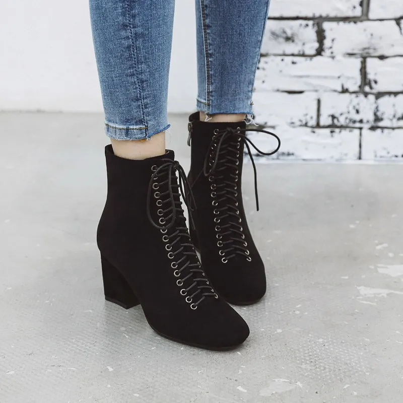 

Женские ботинки на молнии, зимние ботинки до щиколотки, с перекрестными ремешками и круглым носком, размера плюс, 10, 11-15