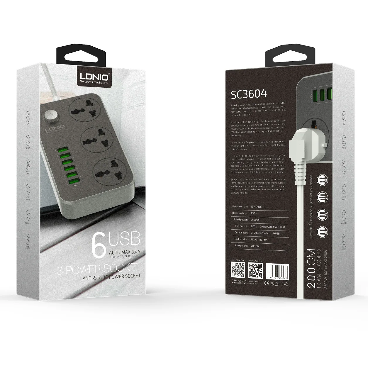 Удлинитель питания LDNIO с 6 USB-портами 10 А 2500 Вт 2 м (6 футов) | Электроника