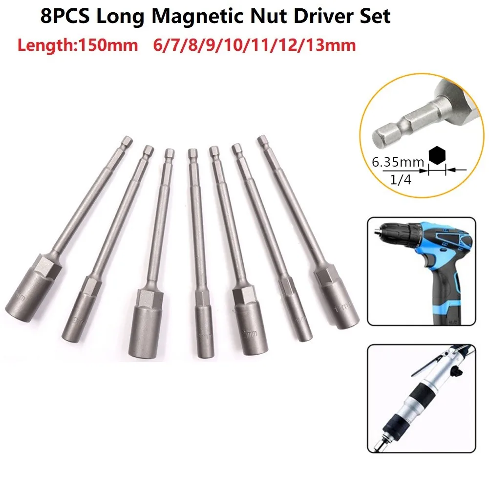 

8Pcs 150mm Extension Impact Drill Bar Wrench Socket Adapter Magnetic Nut Driver
