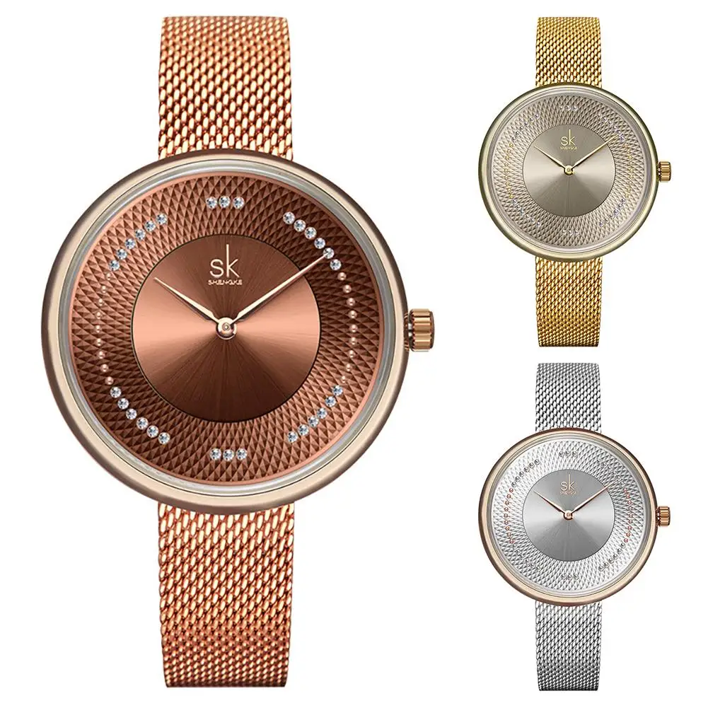

SHENGKE Women Fashion Rhinestones Mesh Band Analog Display Quartz Wrist Watch