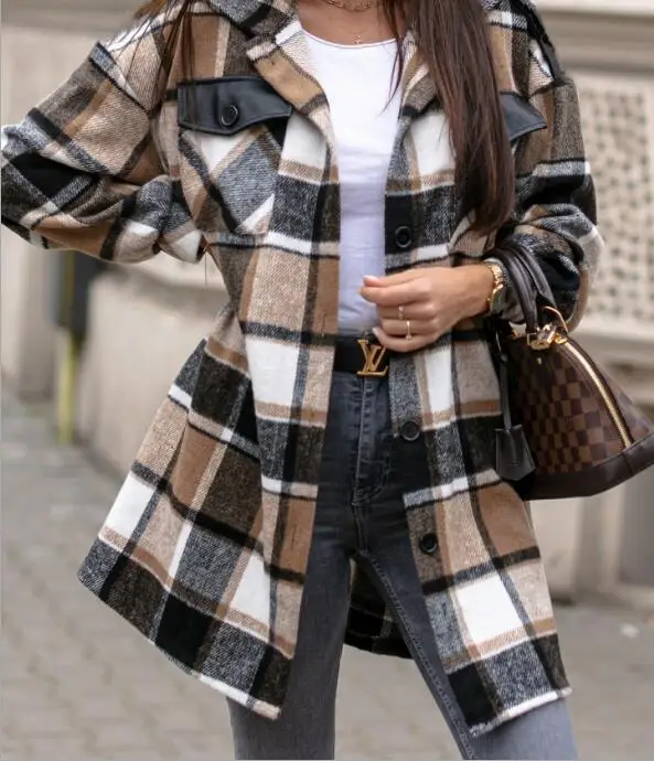 

2021 autumn and winter fashion casual suit collar single-breasted buttoned woolen long-sleeved plaid print jacket women