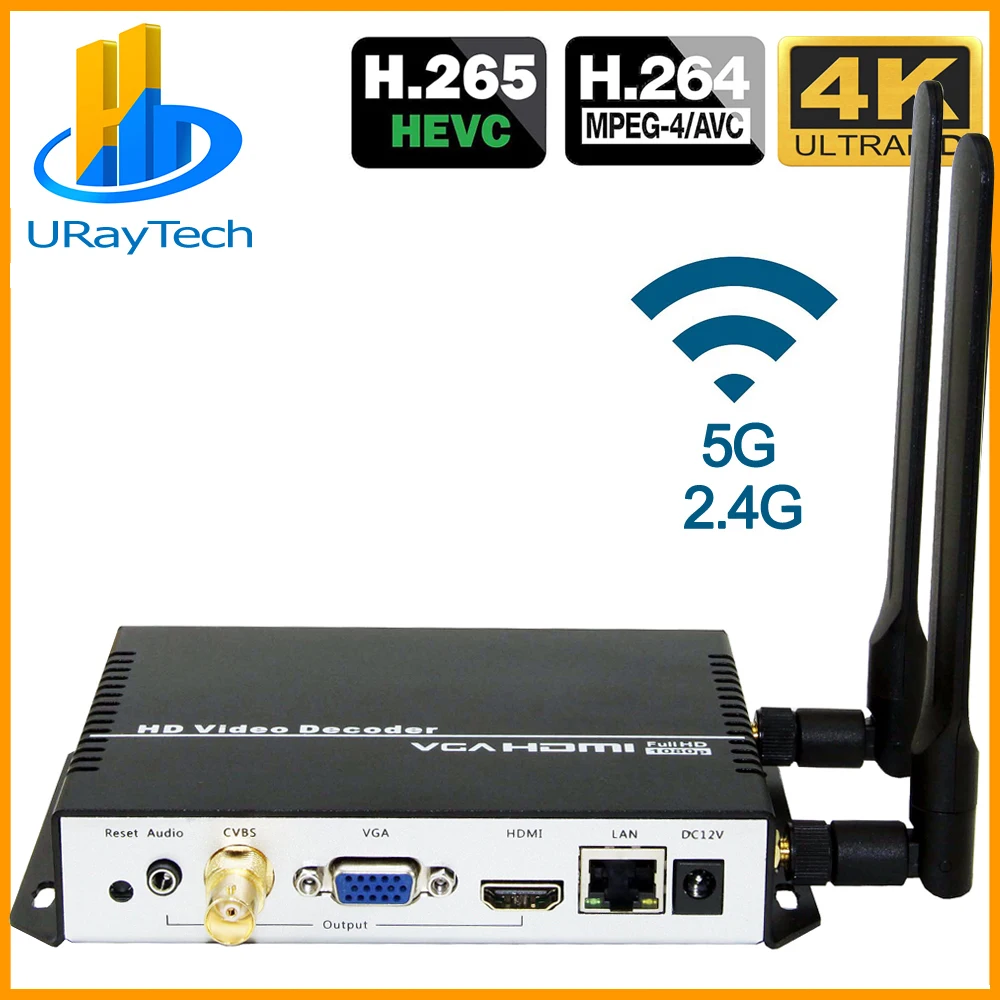 Беспроводной H.265 H.264 HDMI VGA CVBS декодер wifi HD видео IP потоковый декодер HTTP RTSP RTMP UDP HLS к HDMI VGA CVBS приемник