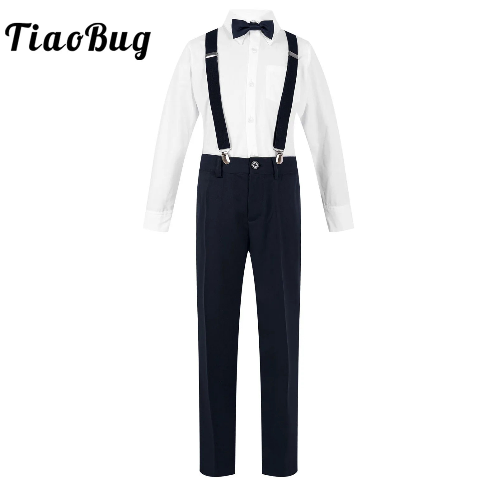 

Flower Boy Suit Kids Boys Party Sets Child Gentleman Bowtie + Long Sleeve Shirt + Suspenders + Pants 4Pcs Wedding Suits for Boys