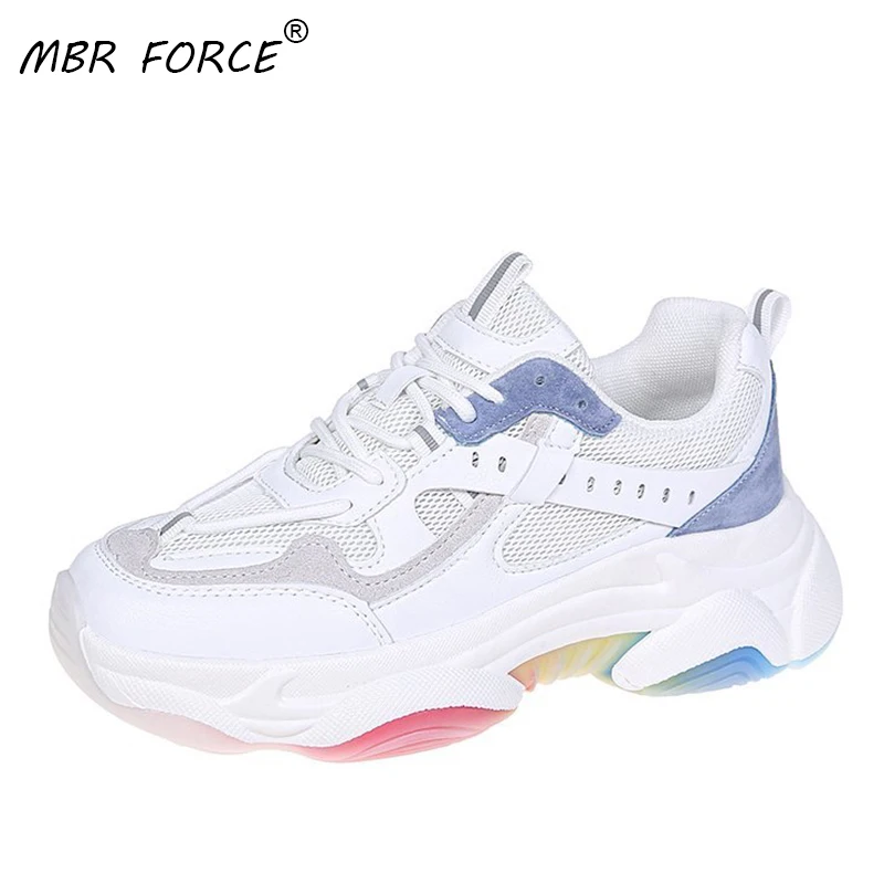 

MBR FORCE 2021 Chunky Sneakers Women Rainbow Color Genuine Leather Round Toe Lace-Up Lady Casual Vulcanize Shoes Female Handmade